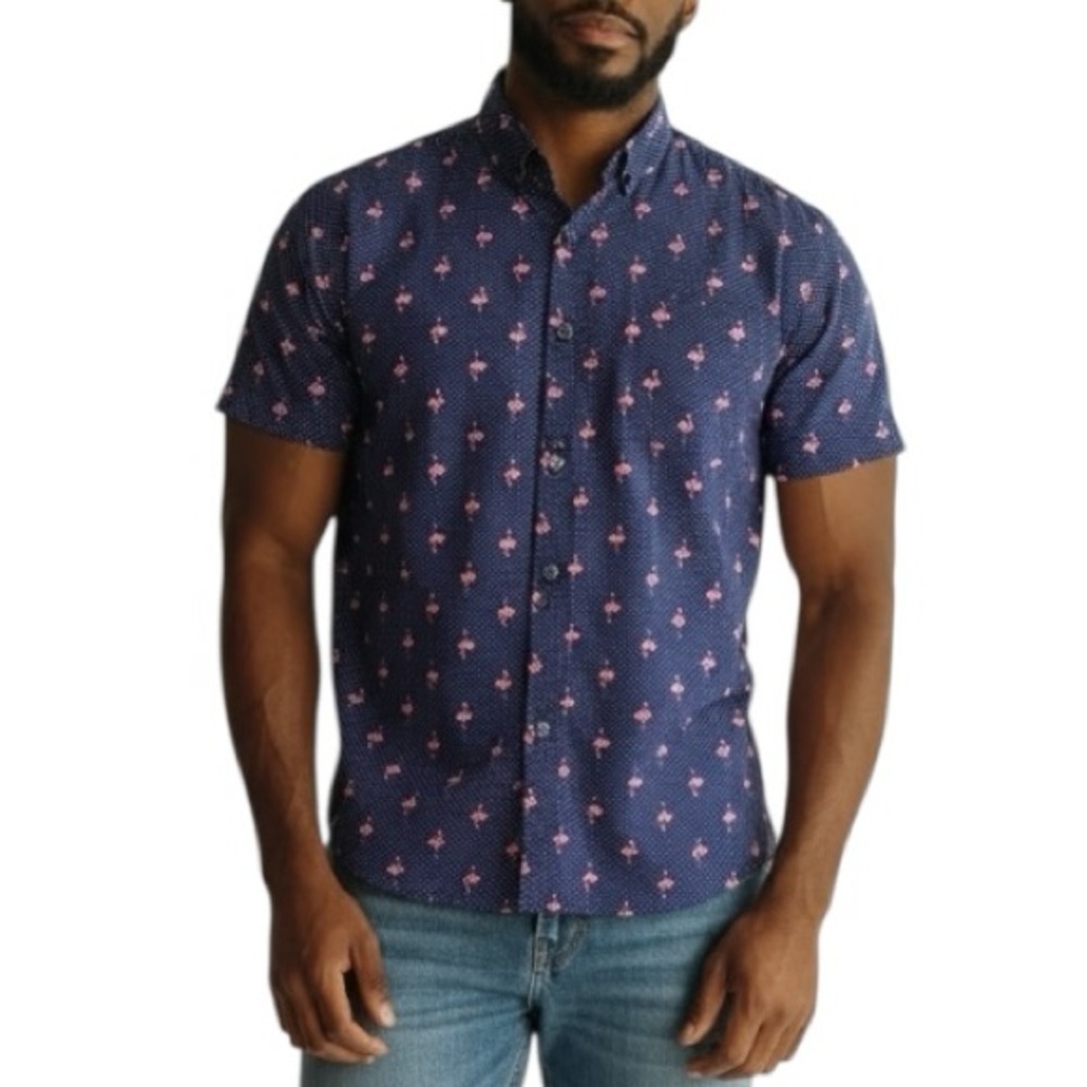 Molokai Short Sleeve Button Up XL Polka Dot Blue Flamingo Cotton Casual